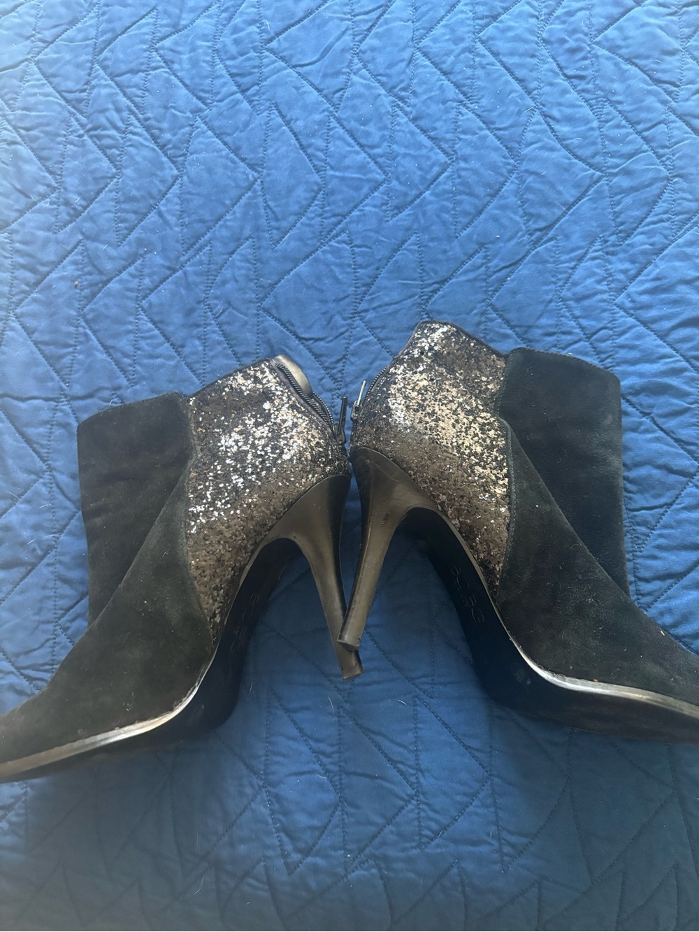 BCBG Black Suede Ankle Boots with Silver Glitter Heel Accent